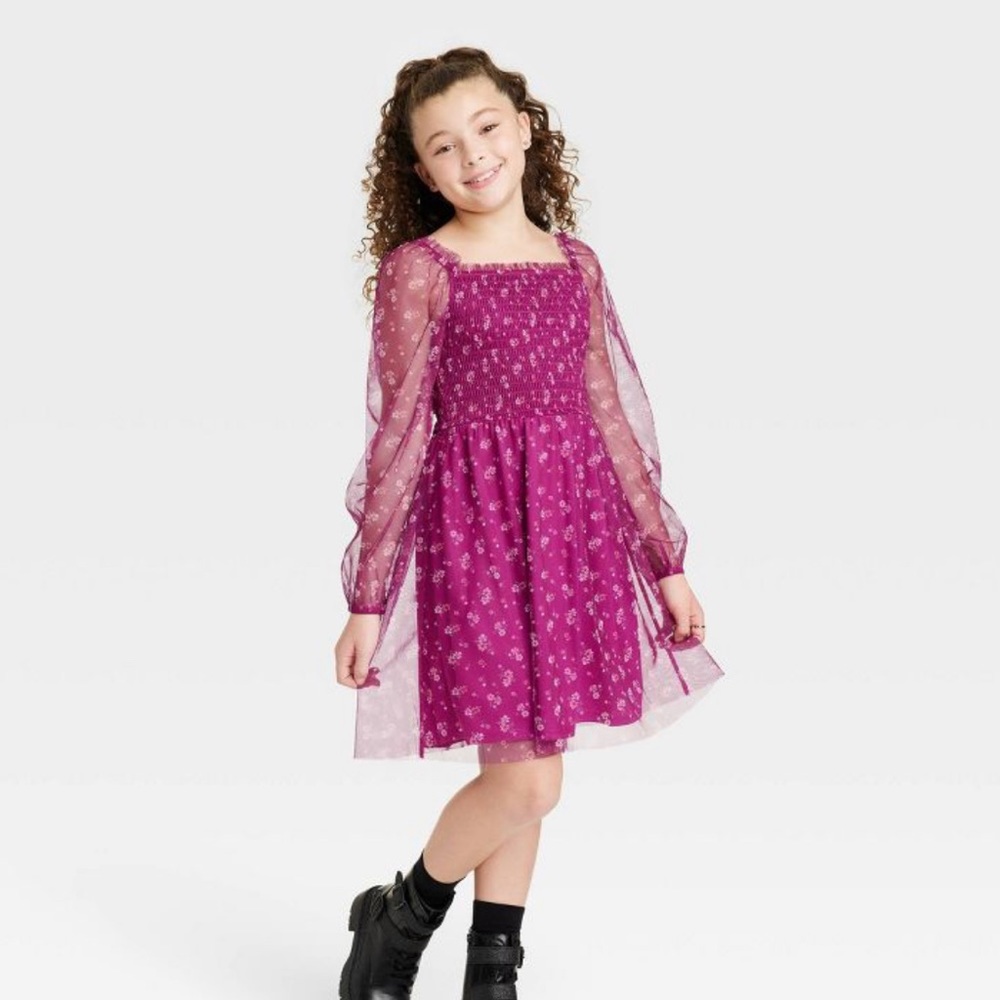 Girls' Smocked Mesh Long Sleeve Dress - art class